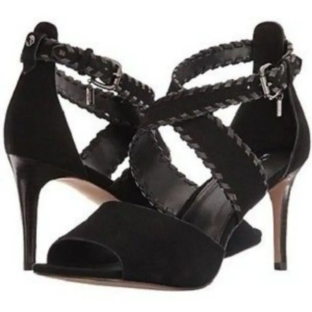 Coach Women's Henny Sandal Ankle Strap Heel Open Toe Black Suede Dressy 6 B